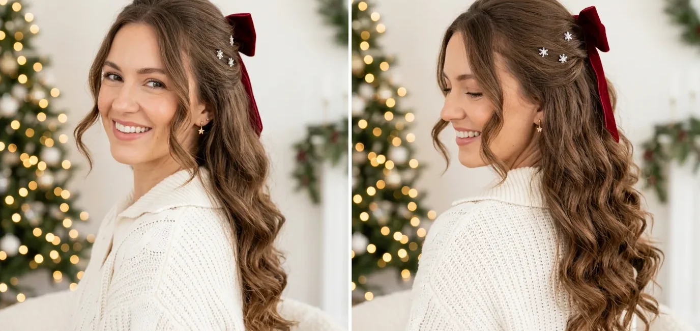 Woman with long brown hair in Christmas half up half down with soft curls and velvet bow