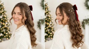 Woman with long brown hair in Christmas half up half down with soft curls and velvet bow