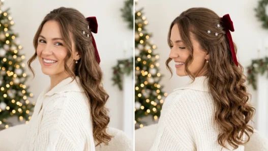 Woman with long brown hair in Christmas half up half down with soft curls and velvet bow