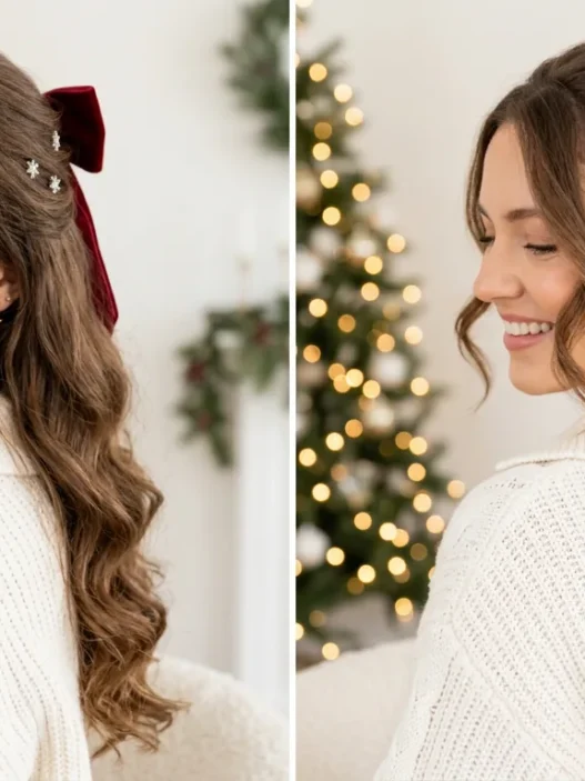 Woman with long brown hair in Christmas half up half down with soft curls and velvet bow