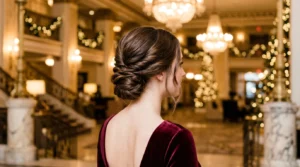 Woman with low twisted chignon in grand hotel lobby under warm chandelier light