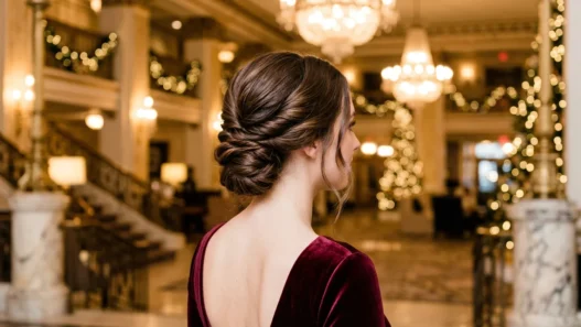 Woman with low twisted chignon in grand hotel lobby under warm chandelier light