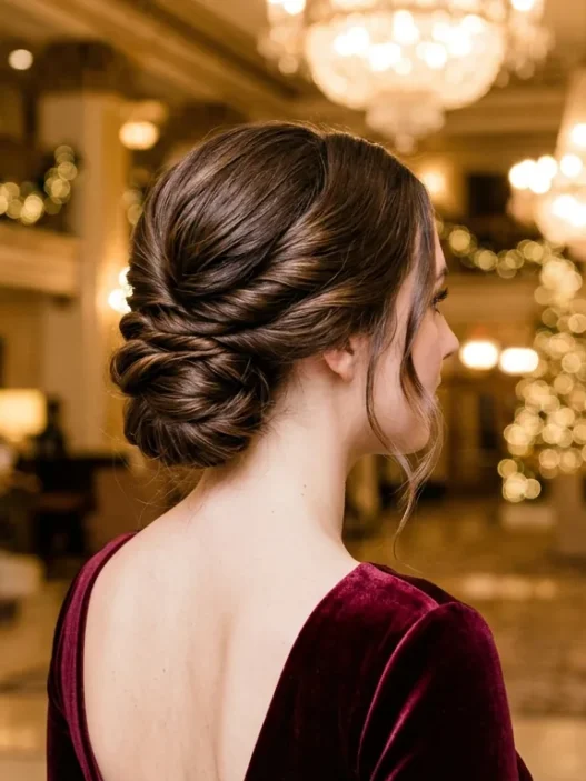 Woman with low twisted chignon in grand hotel lobby under warm chandelier light