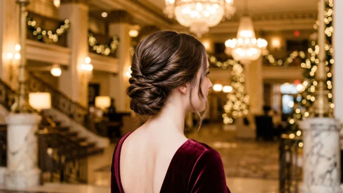 Woman with low twisted chignon in grand hotel lobby under warm chandelier light