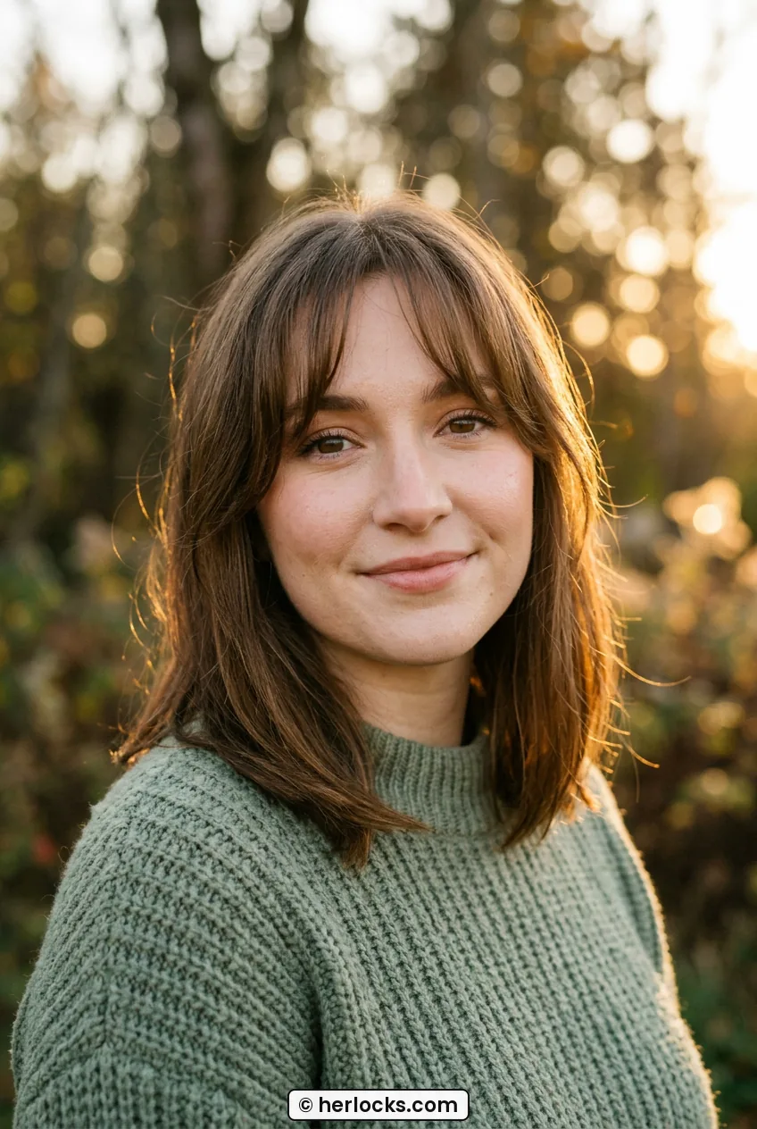 Woman with medium brown hair and wispy curtain bangs curving around cheeks