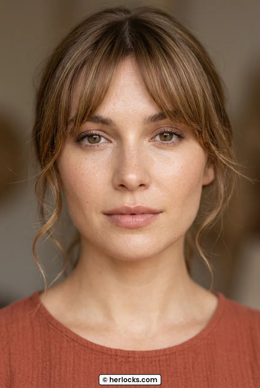 Woman with wispy curtain bangs blending into medium honey brown layered hair