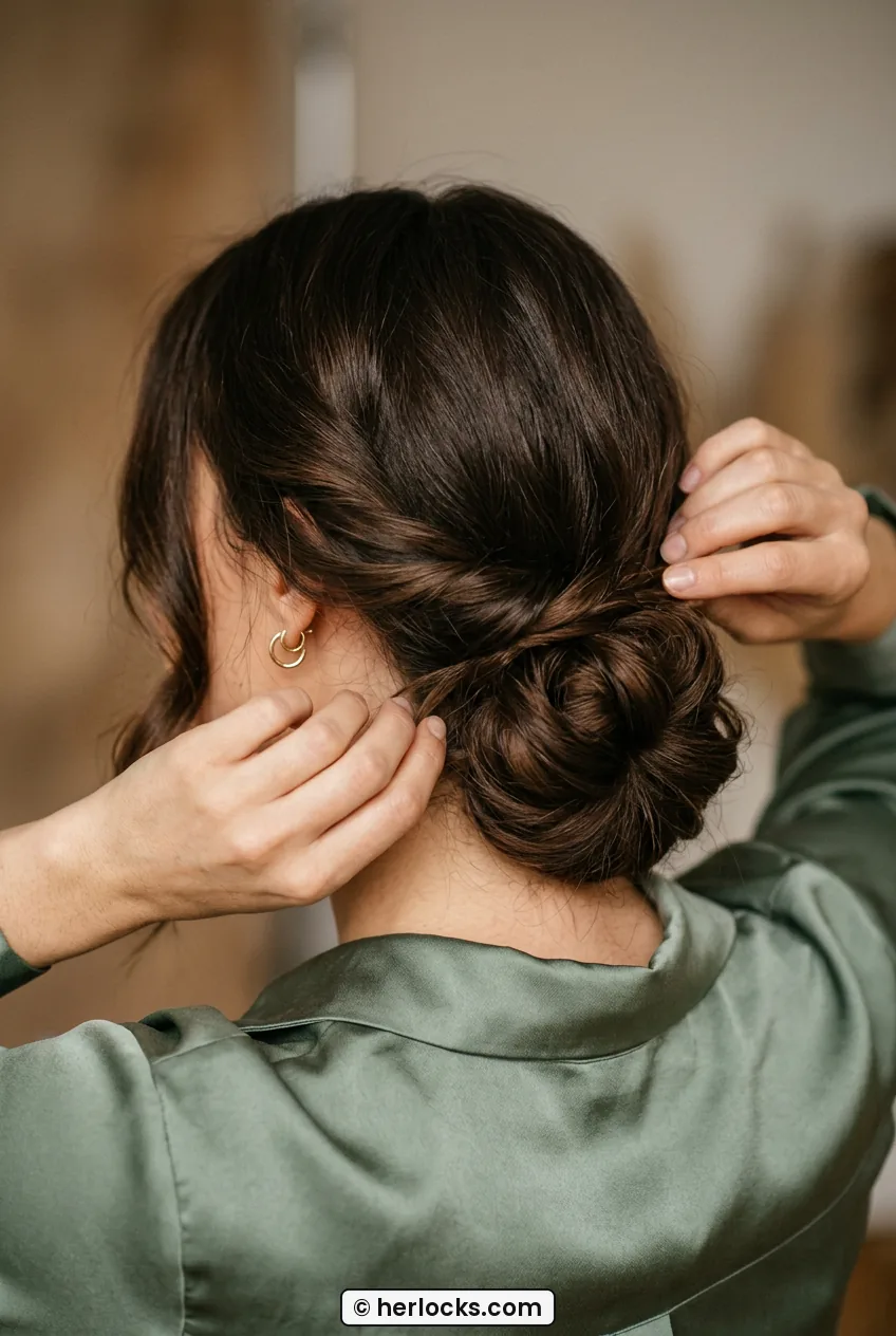 Woman wrapping loose side twist back toward low bun at the nape